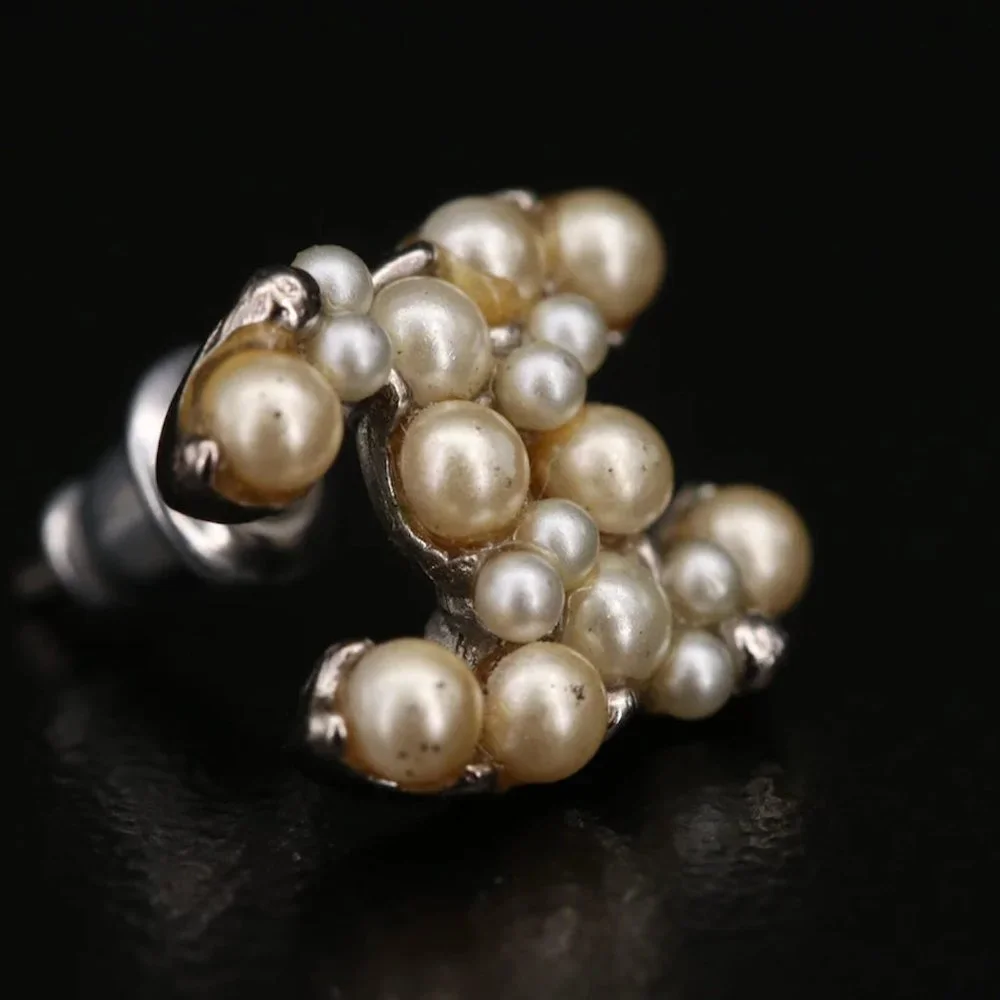 Chanel CC Logo Faux Pearl Stud Earrings